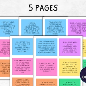 May include: A set of 30 colorful clue cards with various riddles and phrases. The cards are printed on white paper with blue, pink, yellow, and green borders. The cards are arranged in a grid pattern. The text on the cards includes phrases like "I reflect your face, your expressions and grace", "I stand roadside", "Find me where water flows", "I lie at your door", "I control channels", "I'm hotter than most", "Are you ready for some treasure hunt fun?", "I'm a seat with a back", "I'm portable flat", "I'm always tied with my pal", "I'm plush and I'm comfy", "I'm filled each day", "Flames at play", "I'm a portable companion", "I'm made of wood or metal".