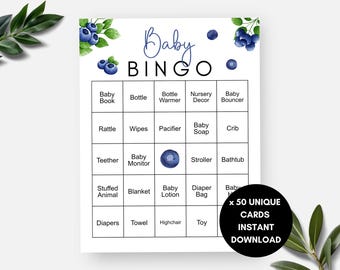 Bingo pour baby shower aux myrtilles, 50 cartes de bingo aquarelle baies, bingo pour bébé prérempli sans distinction de sexe, fête de baby shower douce aux baies