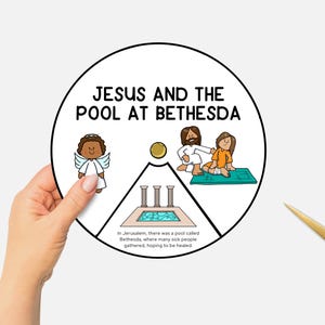 Jesus and the Pool at Bethesda, Printable Bible Coloring Wheel, Miracles of Jesus Sunday School Craft, Kids Bible Lesson Spinning Wheel