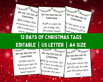 12 Days of Christmas Printable, Editable 12 Days of Christmas Gift Tags, 12 days of Christmas present tags, 12 Days of Christmas Cards