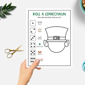 May include: A printable game for kids to play on St. Patrick's Day. The game is called "Roll a Leprechaun". Players roll a die and draw the corresponding body part on a leprechaun outline. The body parts include eyes, nose, mouth, shamrock, beard, and shoes.