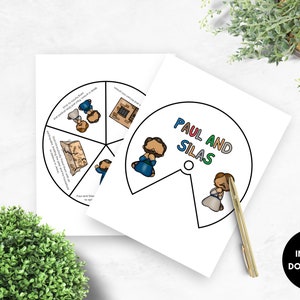 Pode incluir: Um jogo imprim&iacute;vel para crian&ccedil;as com Paulo e Silas. O jogo &eacute; um spinner com diferentes eventos da hist&oacute;ria b&iacute;blica. O spinner tem um design colorido com as palavras "Paulo e Silas" no topo.
