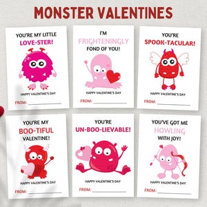 Monster Valentines, imprimíveis assustadores para sala de aula, etiquetas de presente para estudantes, cartões de dia dos namorados para crianças na escola, dia dos namorados para crianças em idade pré-escolar