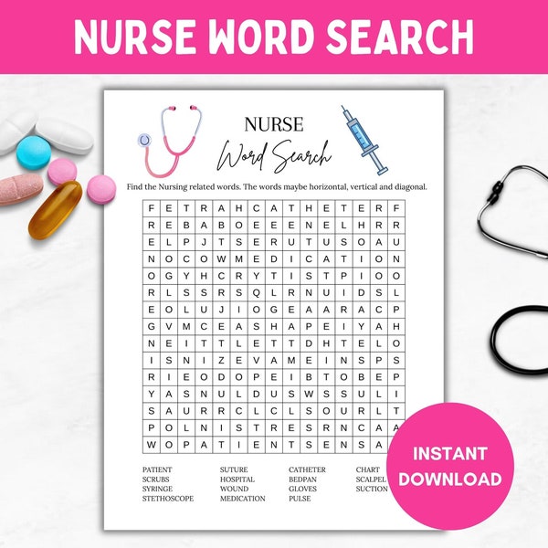 Printable Nurse Word Search, Nursing Theme, Fun Graduation Game, Student Nurse, Retirement Party, RN Grad, Nurses Week, Digital Download