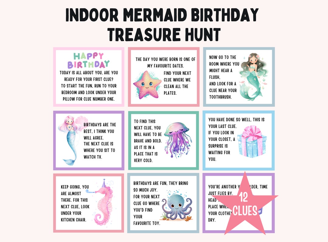 Mermaid Birthday Scavenger Hunt for Kids, Indoor Treasure Hunt Clues ...