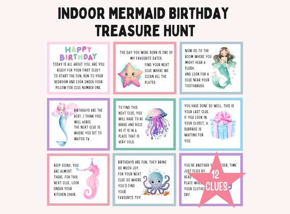 Mermaid Birthday Scavenger Hunt for Kids, Indoor Treasure Hunt Clues, Birthday Party Game, Home Scavenger Hunt, Under the Sea Theme