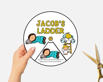 May include: A circular illustration titled "Jacob's Ladder" with cartoon depictions of Jacob sleeping and angels. The text "Jacob was traveling and stopped to sleep with a stone as his pillow" is included. Gold scissors are in the image.