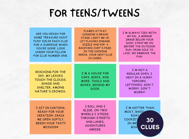 May include: A colorful set of 30 clue cards for a scavenger hunt game designed for teenagers and tweens. The cards are arranged in a grid with each card featuring a different clue and a colorful background.