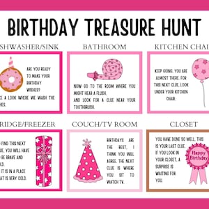 K&ouml;nnte beinhalten: Ein rosa-wei&szlig;es Geburtstagsschnitzeljagd-Spiel mit Anweisungen f&uuml;r jeden Raum des Hauses. Das Spiel beinhaltet einen Donut, eine Zahnb&uuml;rste, einen K&uuml;chenstuhl, ein Geschenk, eine Partym&uuml;tze und ein Geburtstagsband.