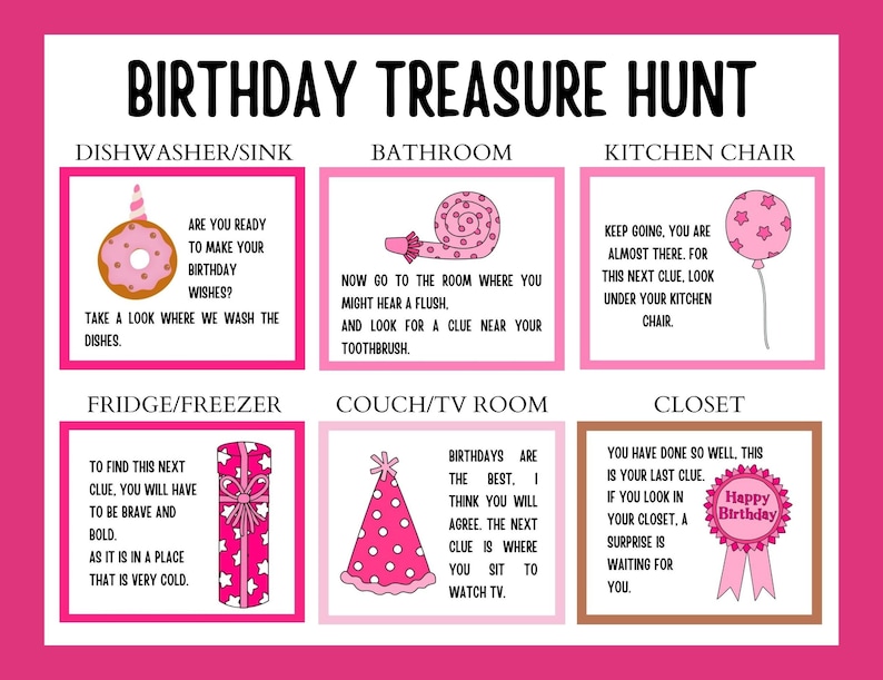 K&ouml;nnte beinhalten: Ein rosa-wei&szlig;es Geburtstagsschnitzeljagd-Spiel mit Anweisungen f&uuml;r jeden Raum des Hauses. Das Spiel beinhaltet einen Donut, eine Zahnb&uuml;rste, einen K&uuml;chenstuhl, ein Geschenk, eine Partym&uuml;tze und ein Geburtstagsband.