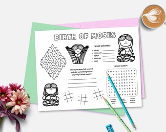 Birth of Moses, Printable Moses Story Bible Placemat, Sunday School, Kids Bible Study, Bible Story Activity Sheet, Christian Homeschool