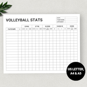 Hoja de estadísticas de voleibol, entrenador de voleibol, día del juego, deportes minimalistas imprimibles, hoja de estadísticas de jugadores de voleibol, tamaño carta de EE. UU., A4, A5