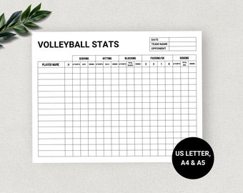 May include: A printable volleyball stats sheet with columns for player name, number, serving, hitting, blocking, passing, and digging. The sheet is labeled "Volleyball Stats" and includes space for the date, team name, and opponent.