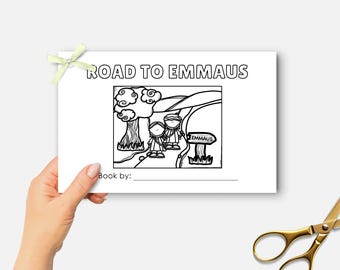 Puede incluir: Un folleto blanco con el título "ROAD TO EMMAUS" en letras negras. La portada presenta una ilustración en blanco y negro de dos figuras caminando por un camino. Un lazo verde claro está adjunto en la esquina superior izquierda.