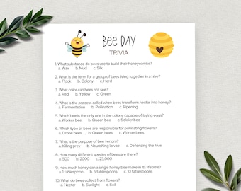 Bee Day Trivia, Fun Printable Party Game for Kids and Adults, Trivia Questions, Bee Theme Birthday, Shower, Classroom Activity, Icebreaker