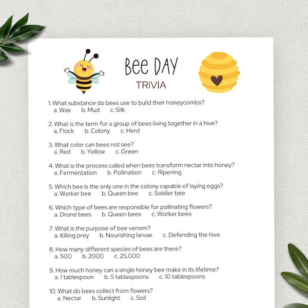 Bee Day Trivia, Fun Printable Party Game for Kids and Adults, Trivia Questions, Bee Theme Birthday, Shower, Classroom Activity, Icebreaker