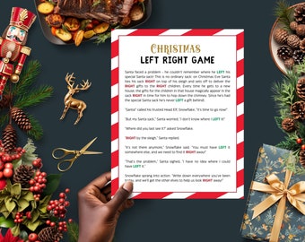 Op de afbeelding: Een printbaar kerstspel met rode en witte strepen. Het spel heet "Christmas Left Right Game". Het spel is een woordspel waarbij spelers moeten beslissen of de kerstman iets links of rechts heeft achtergelaten. Het spel is ontworpen om met kinderen te spelen.