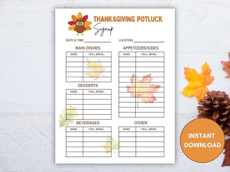 Anmälningsblankett för Thanksgiving-knytkalas, utskrivbar julmiddag, kalkondag, familjefestplanerare, digital nedladdning bild 3