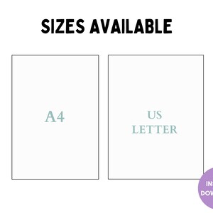 Op de afbeelding: Twee witte vierkanten met zwarte contouren, die de beschikbare formaten voor een downloadbare print laten zien. Het linker vierkant zegt "A4" en het rechter vierkant zegt "US LETTER". De tekst "INSTANT DOWNLOAD" staat in een paarse cirkel.