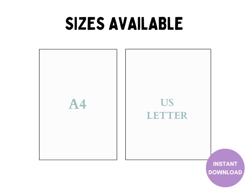 Op de afbeelding: Twee witte vierkanten met zwarte contouren, die de beschikbare formaten voor een downloadbare print laten zien. Het linker vierkant zegt "A4" en het rechter vierkant zegt "US LETTER". De tekst "INSTANT DOWNLOAD" staat in een paarse cirkel.
