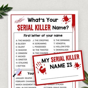 May include: A white paper with the text "What's Your SERIAL KILLER Name?" in red, with a smaller card that says "MY SERIAL KILLER NAME IS". The paper has a list of names and months.