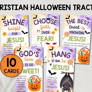May include: Five rectangular Christian Halloween tracts featuring purple and orange watercolor backgrounds, candy corn, bats, and jack-o'-lanterns. The cards display text including Shine bright for Jesus, Choose faith over fear, The best treat is knowing Jesus, God's love is so sweet, and Hang on to Jesus.