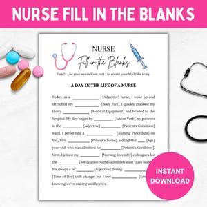 Nurse Fill in the Blanks Fun Game, Nursing Theme, Fun Graduation Printable Game, Student Nurse, Retirement Party, RN Grad, Nurses Week image 1