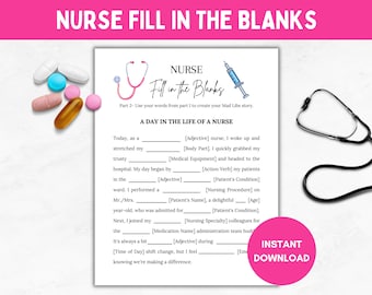 Nurse Fill in the Blanks Fun Game, Nursing Theme, Fun Graduation Printable Game, Student Nurse, Retirement Party, RN Grad, Nurses Week