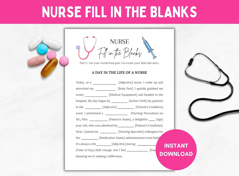 Nurse Fill in the Blanks Fun Game, Nursing Theme, Fun Graduation Printable Game, Student Nurse, Retirement Party, RN Grad, Nurses Week image 1