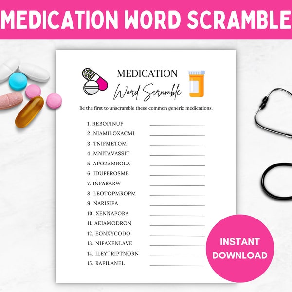 Generic Medication Scramble, Printable Pharmacy/Medical Games, Doctor/Nurse Graduation Party, White Coat Ceremony, Retirement, Student Games