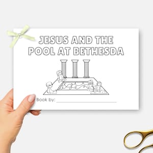 Jesus and the Pool at Bethesda, Printable Mini Bible Book, Miracles of Jesus Sunday School Craft, Kids Half Page Bible Story Coloring Book