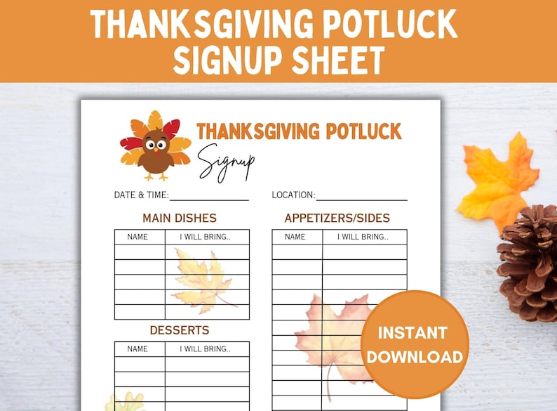 Anmälningsblankett för Thanksgiving-knytkalas, utskrivbar julmiddag, kalkondag, familjefestplanerare, digital nedladdning bild 1