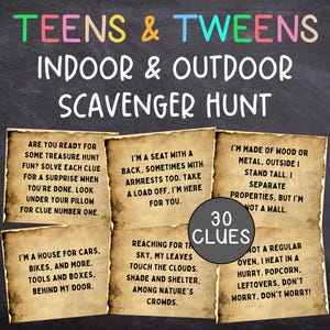 Indoor and Outdoor Scavenger Hunt, Teen and Tween Birthday Treasure Hunt Clues, Teen Birthday Party Games, Fun Printable DIY Activity