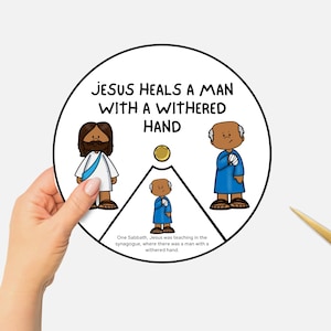 Jezus geneest een man met een verschrompelde hand, afdrukbaar kleurwiel, wonderen van Jezus zondagsschoolambacht, bijbelles spinnewiel