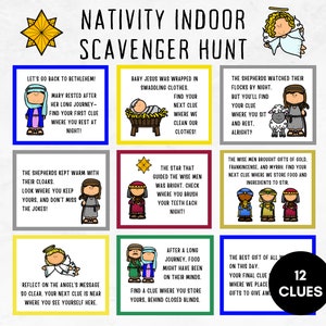 Caça ao tesouro da natividade, dicas para caça ao tesouro interna para impressão, caça bíblica de Natal, Natal cristão, atividade infantil de natividade