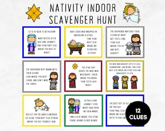Nativity Scavenger Hunt, Printable Indoor Treasure Hunt Clues, Bible Christmas Hunt, Christian Christmas, Kids Nativity Activity