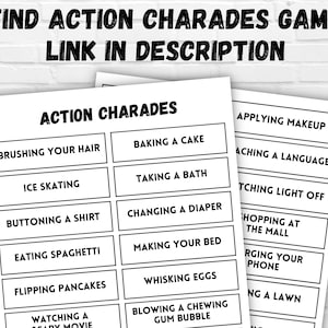 Op de afbeelding: Zwart-witte printbare spelkaarten met de titel "Action Charades" en een lijst met acties om na te spelen, zoals "je haar borstelen", "een taart bakken", "een bad nemen", "een luier verschonen", "je bed opmaken", "eieren kloppen", "een kauwgombel blazen", "make-up aanbrengen", "een taal leren", "het licht uitdoen", "winkelen in het winkelcentrum", "je telefoon opladen" en "het gras maaien".