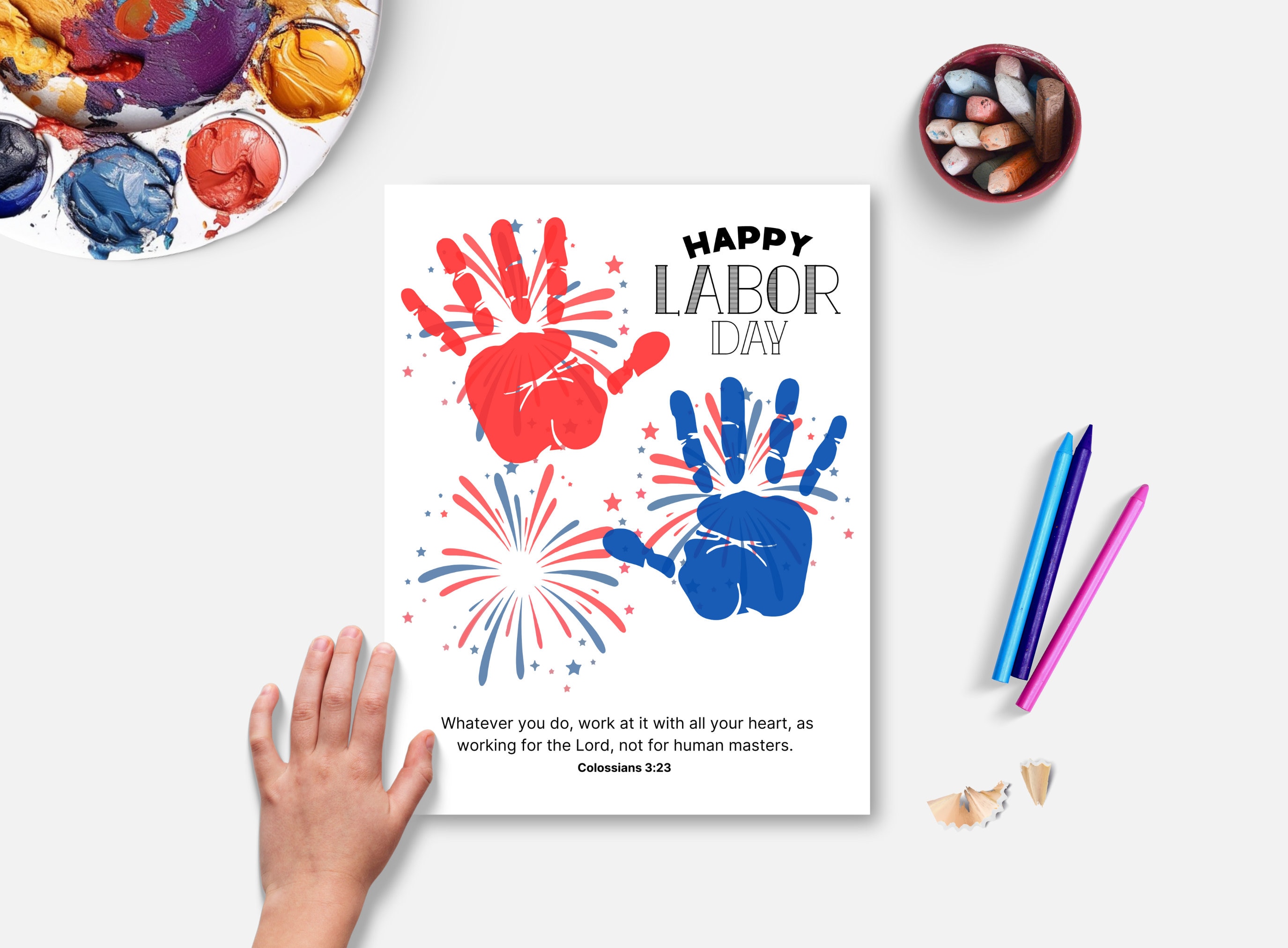Bible Labor Day Handprint Art, Printable Kids Preschool Craft, Teacher Resource, Patriotic Keepsake Activity, Sunday School, Workers Day