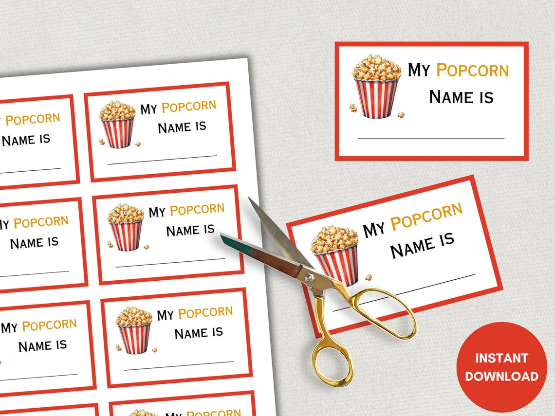 Whats Your Popcorn Name, Name Sign & Tags, Birthday Party Game
