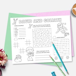 May include: A black and white printable worksheet with activities for kids based on the biblical story of David and Goliath. The worksheet includes a word scramble, a maze, a tic-tac-toe game, and a word search. The worksheet features illustrations of David and Goliath.