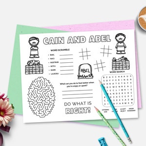 May include: A black and white activity sheet titled "Cain and Abel" with word puzzles, a maze, and a word search. The sheet includes the text "Do What Is Right!" and is accompanied by pencils and a cup of coffee.