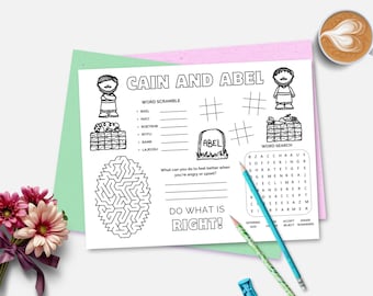 May include: A black and white activity sheet titled "Cain and Abel" with word puzzles, a maze, and a word search. The sheet includes the text "Do What Is Right!" and is accompanied by pencils and a cup of coffee.
