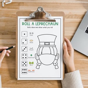 May include: A printable game sheet with instructions to "Roll a dice and draw what you roll". The sheet features a leprechaun with a hat and beard, and a list of body parts to draw, including eyes, nose, mouth, shamrock, bow, and eyebrows.