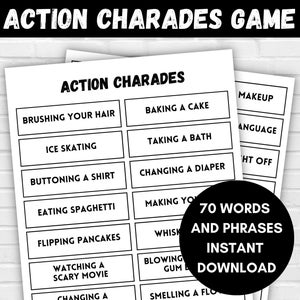 Afdrukbaar charadesspel, 70 leuke woorden en acties, charades, charades voor kinderen en volwassenen, slaapfeestje, familiereünie, verjaardagsfeestje