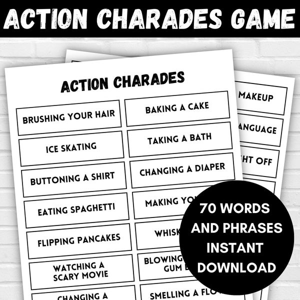 Printable Charades Game, 70 Fun Words and Actions, Charades, Charades for Kids and Adults, Slumber Party, Family Reunion, Birthday Party