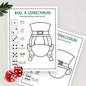 May include: A printable game for kids to draw a leprechaun by rolling a dice and drawing the corresponding body part. The game includes a leprechaun template with a hat, beard, eyebrows, shamrock, bow, eyes, nose, and mouth.