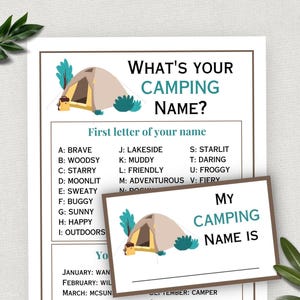 What&#39;s Your Camping Name, Printable Camping Party Games, Glamping Icebreaker, Camp Theme Activity for Kids and Adults, Digital Download