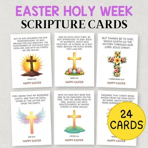 May include: Set of 24 Easter Holy Week Scripture Cards. Each card features a cross illustration with Bible verses and the words "Happy Easter." The cards have a light background with a variety of cross designs.