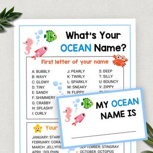 Whats Your Ocean Name, Sign & Tags, Under the Sea Theme Birthday Party, Oneder the Sea Baby Shower, Summer Camp Games, Beach Day Game