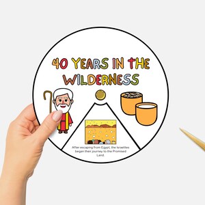 Puede incluir: Una rueda colorida con el texto "40 AÑOS EN EL DESIERTO" y una ilustración de un hombre con un bastón y un cuenco de maná. La rueda también incluye una imagen de una montaña y dos cuencos de comida.